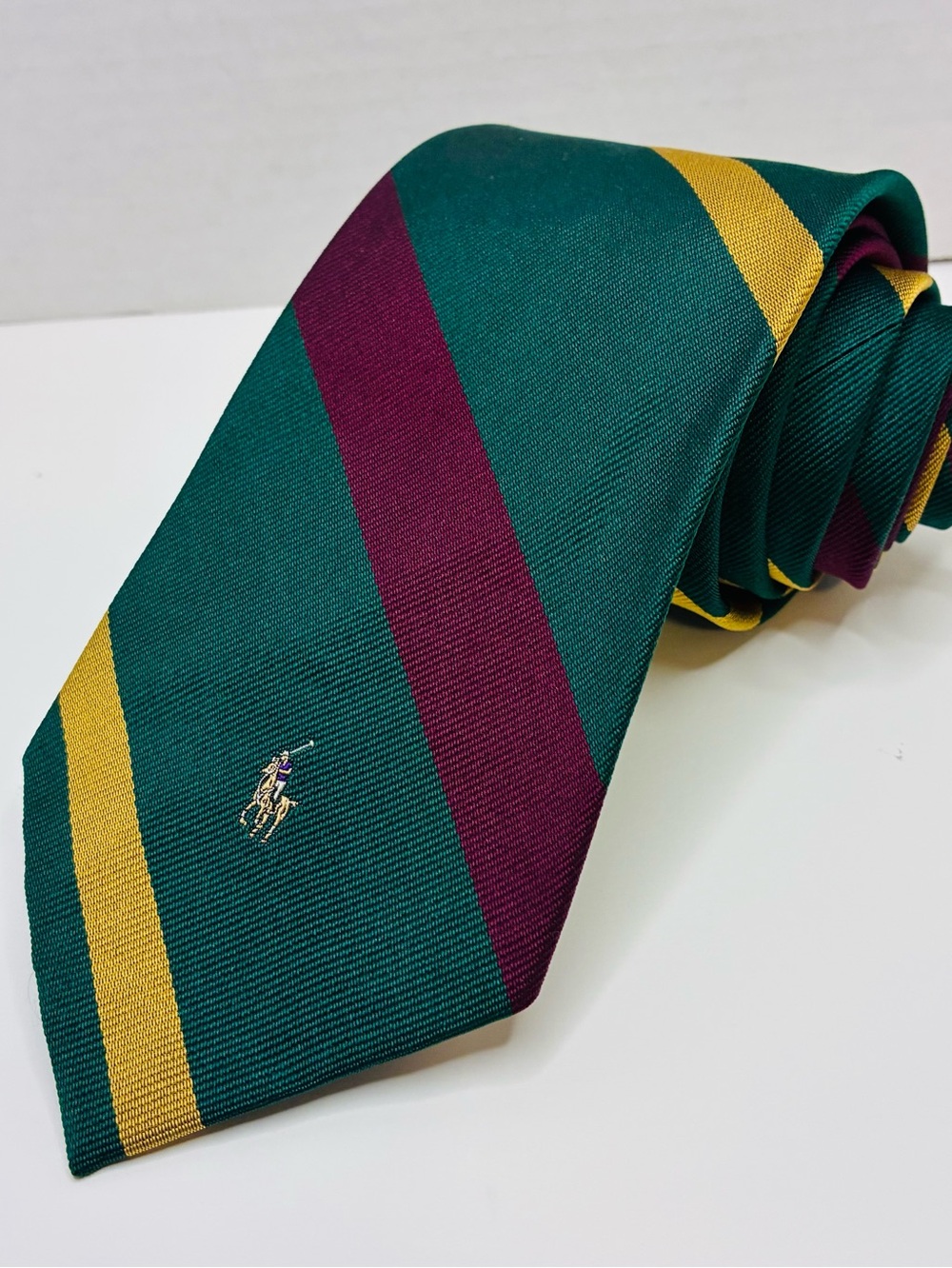 Vtg Polo Ralph Lauren Silk Repp Tie Green Burgundy Yellow Striped 57” x 3.3/8”